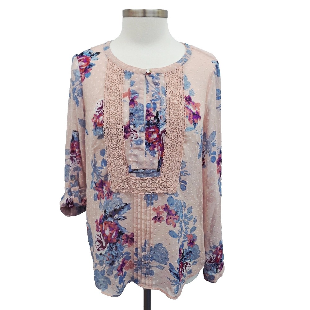 Daniel Rainn Womens M Pink Floral Sheer Swiss Dot Crochet Trim Blouse Boho‎
